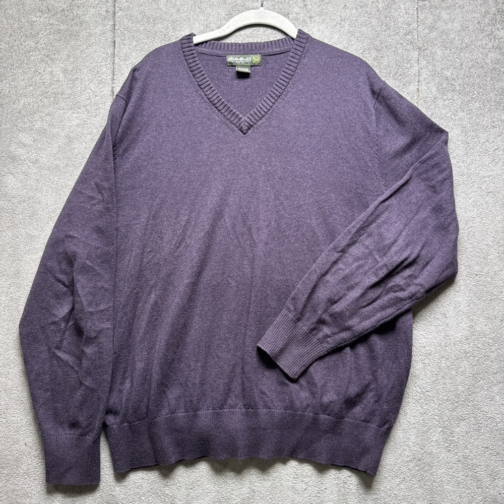Eddie Bauer Sweater Mens L Purple Cotton Cashmere V-Neck Pullover Easter